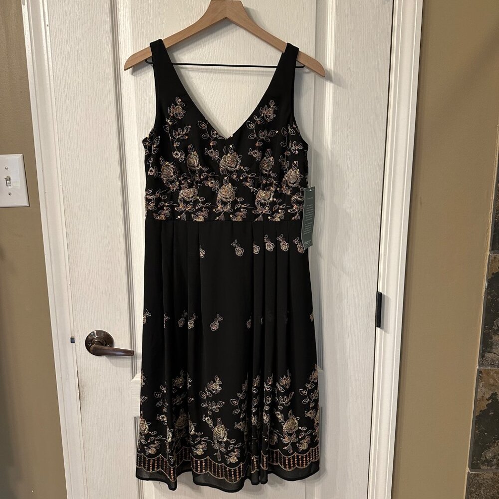 Coldwater Creek NWT 10 Black Metallic Embroidered Sequin Floral Fit Flare Dress